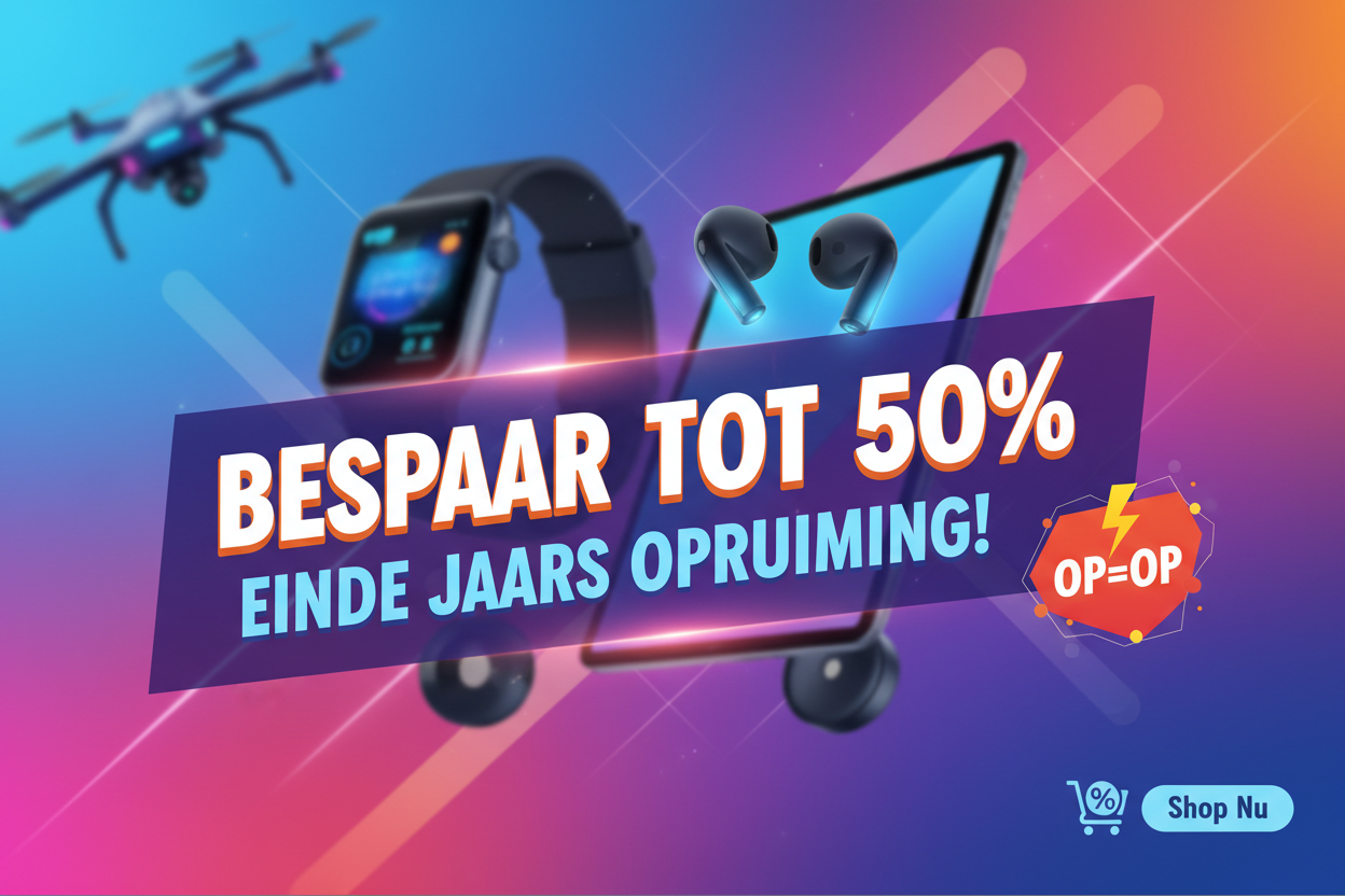 Ik wil graag een aantrekkelijke banner hebben wat te maken heeft met gadgets. 
erin moet staan:
BESPAAR TOT 50%
EINDE JAARS OPRUIMING!
OP=OP